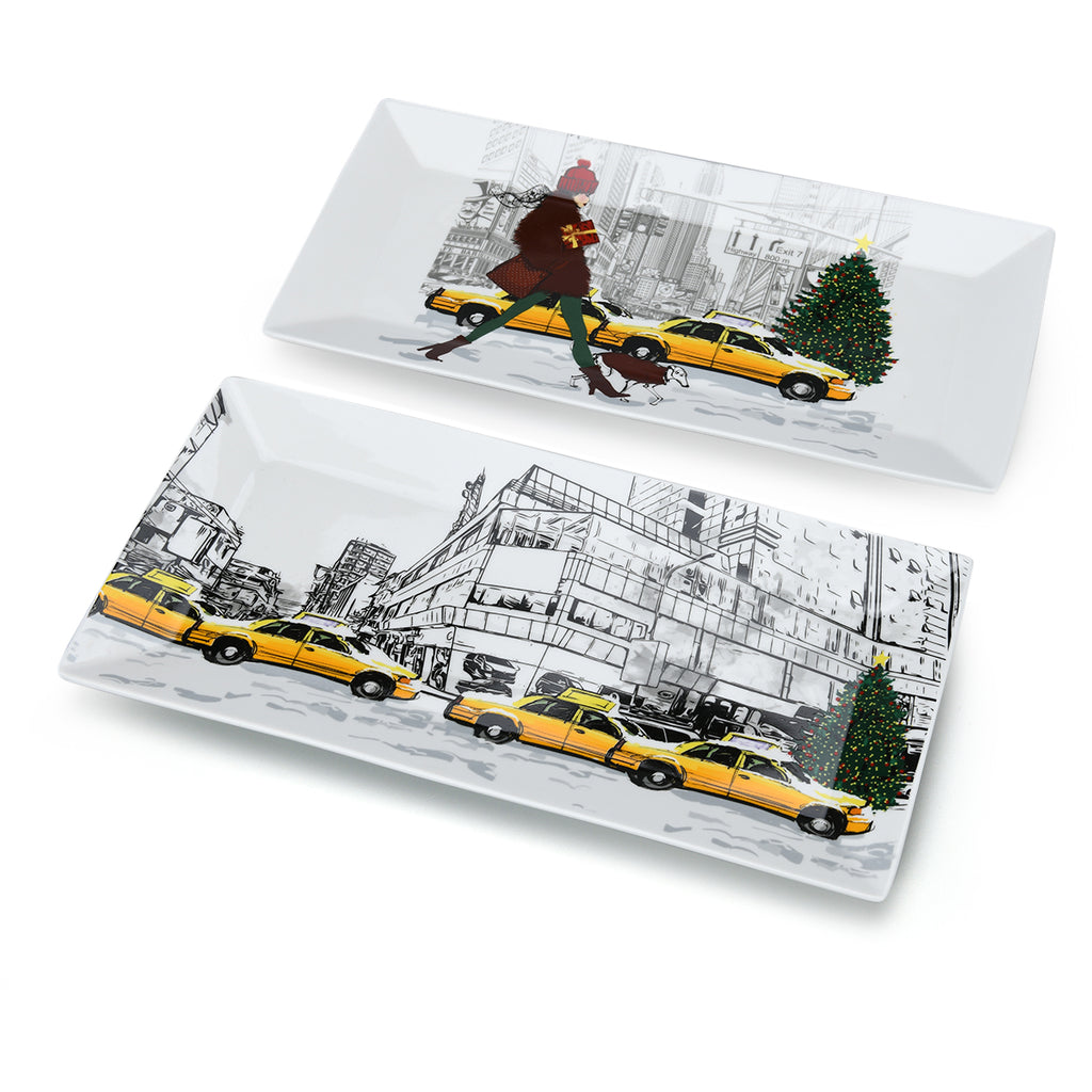 Mindy Brownes Interiors-Christmas in New York City Platters-SHM018-Set of 2 Platters